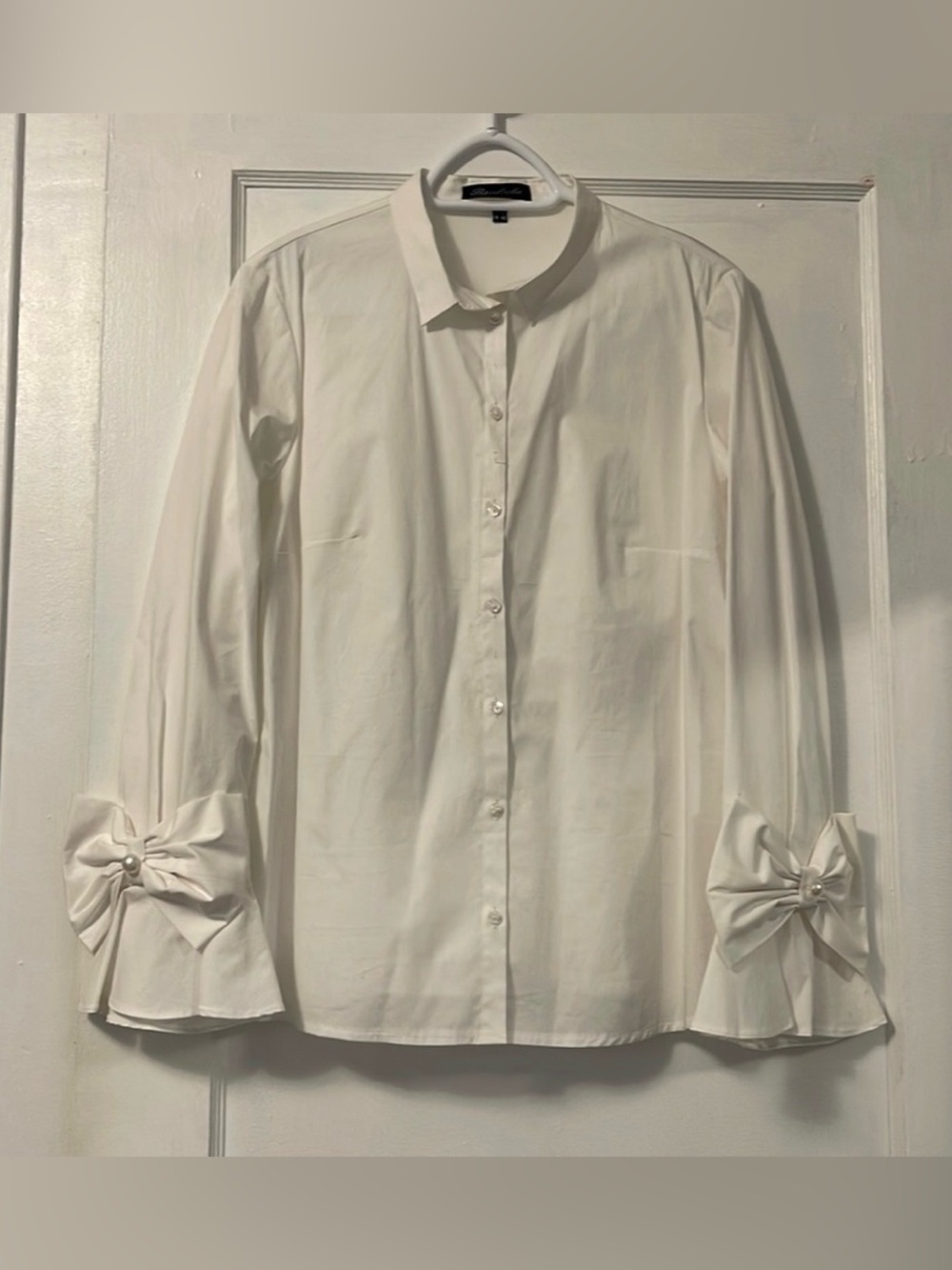 Button-Down Bow Cuff Cotton Shirt - White